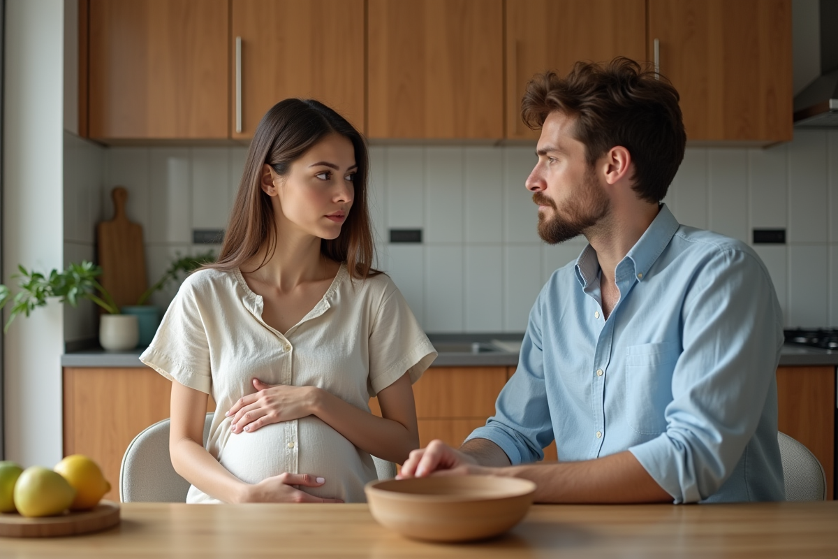Couple dans la cuisine avec femme enceinte et homme inquiet