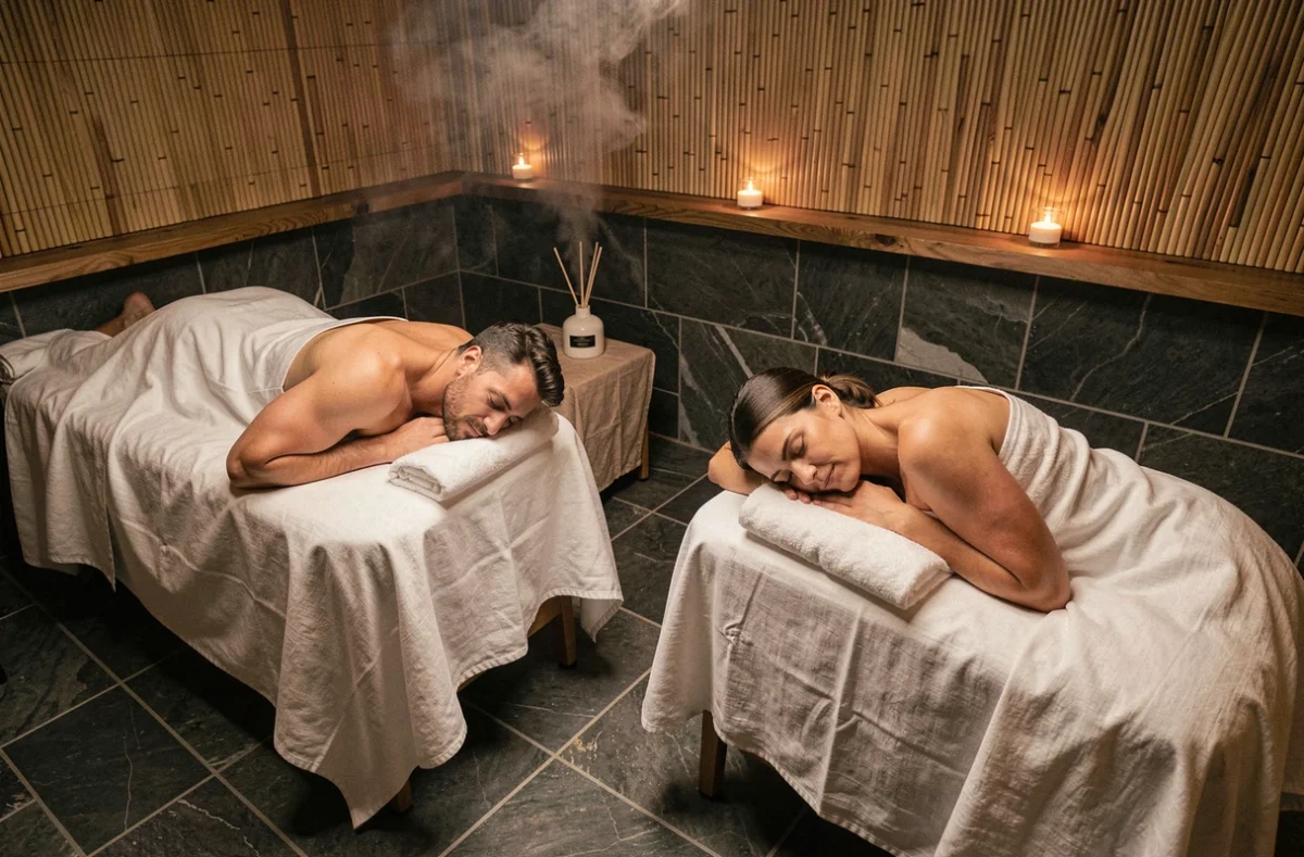 Couple allongé sur des tables de massage en duo dans une cabine de spa parisien mixte et élégant
