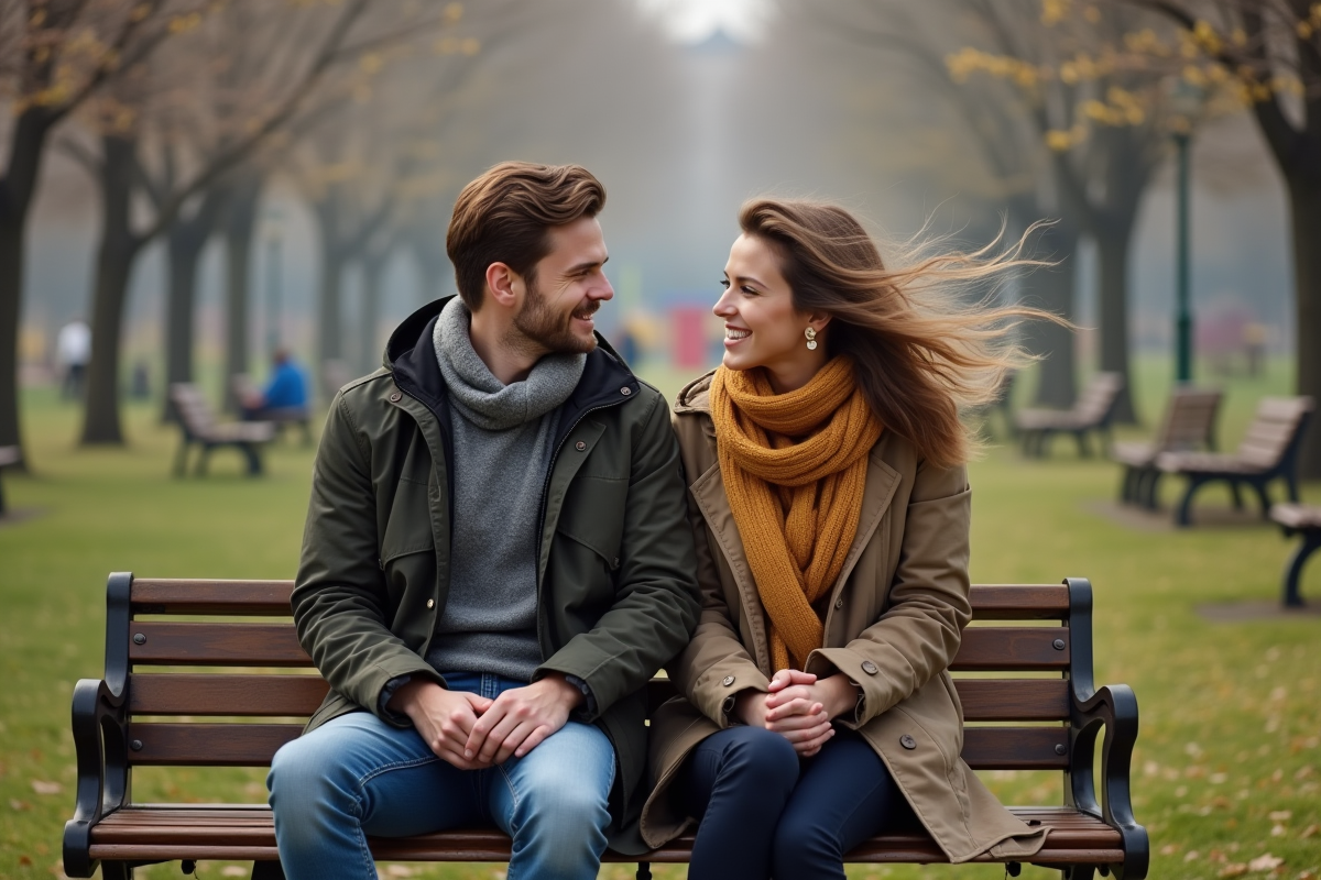 Couple assis sur un banc dans un parc au printemps