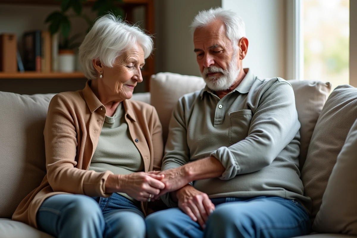 Couple de seniors observant des symptômes cutanés liés au foie à domicile, problème hépatique chez la personne âgée