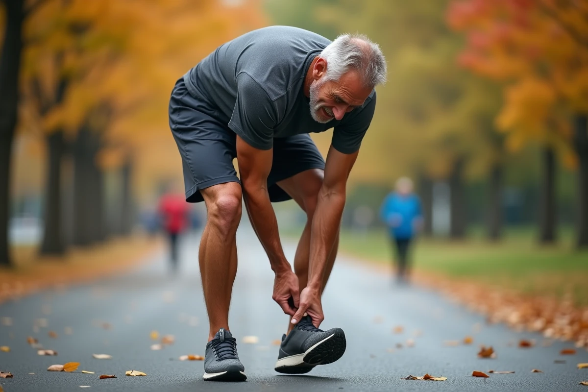 Coureur s'arrêtant sur un sentier pour toucher le dessus de son pied douloureux, possible fracture de fatigue