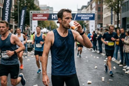 Coureur de marathon s'hydratant avec une boisson électrolytique à un poste de ravitaillement lors d'une course urbaine