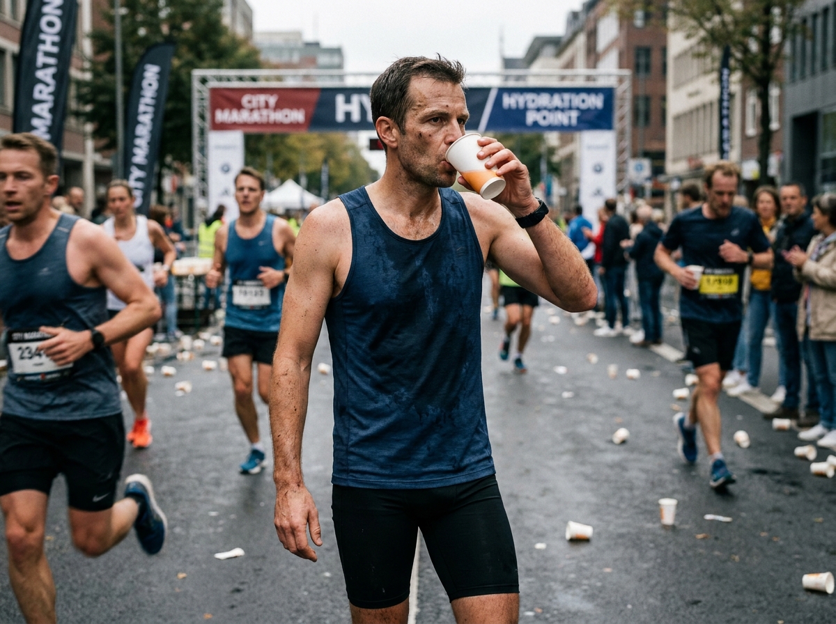 Coureur de marathon s'hydratant avec une boisson électrolytique à un poste de ravitaillement lors d'une course urbaine