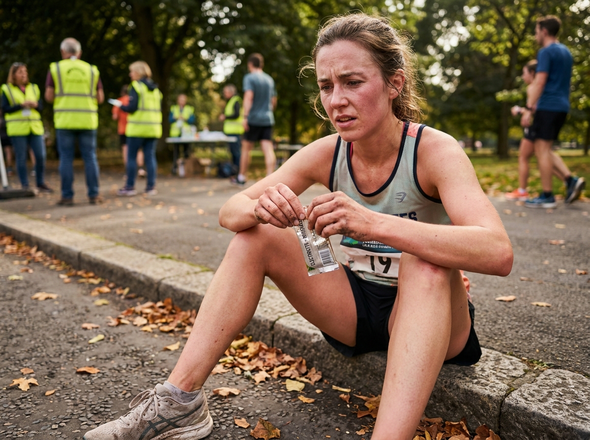 Coureuse de marathon examinant des comprimés de sels minéraux en bord de route pour compenser la déshydratation