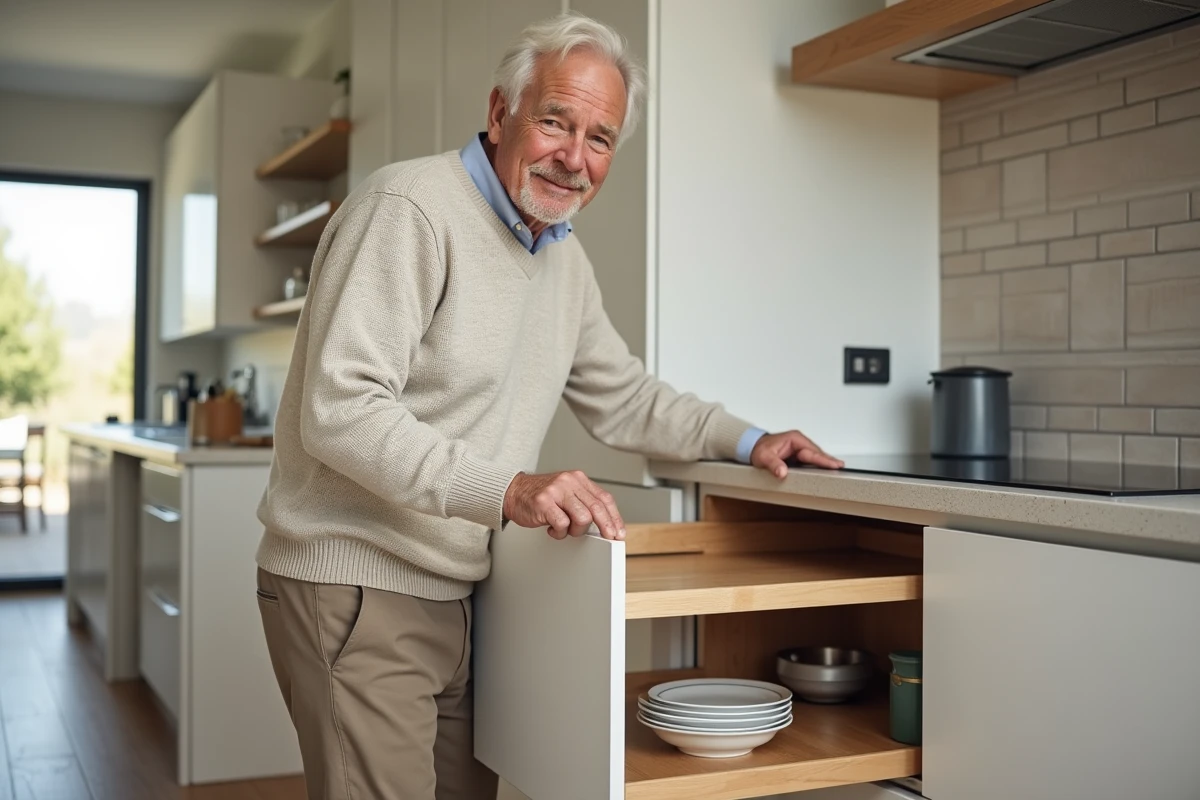 Homme âgé ouvrant un placard avec étagères faciles d