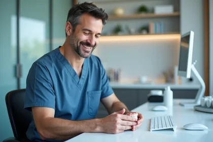 Dentiste souriant examinant un mod&egrave;le dentaire 3D dans son cabinet