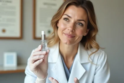 Dermatologue femme examinant un tube de gel soin Ialuset en consultation médicale