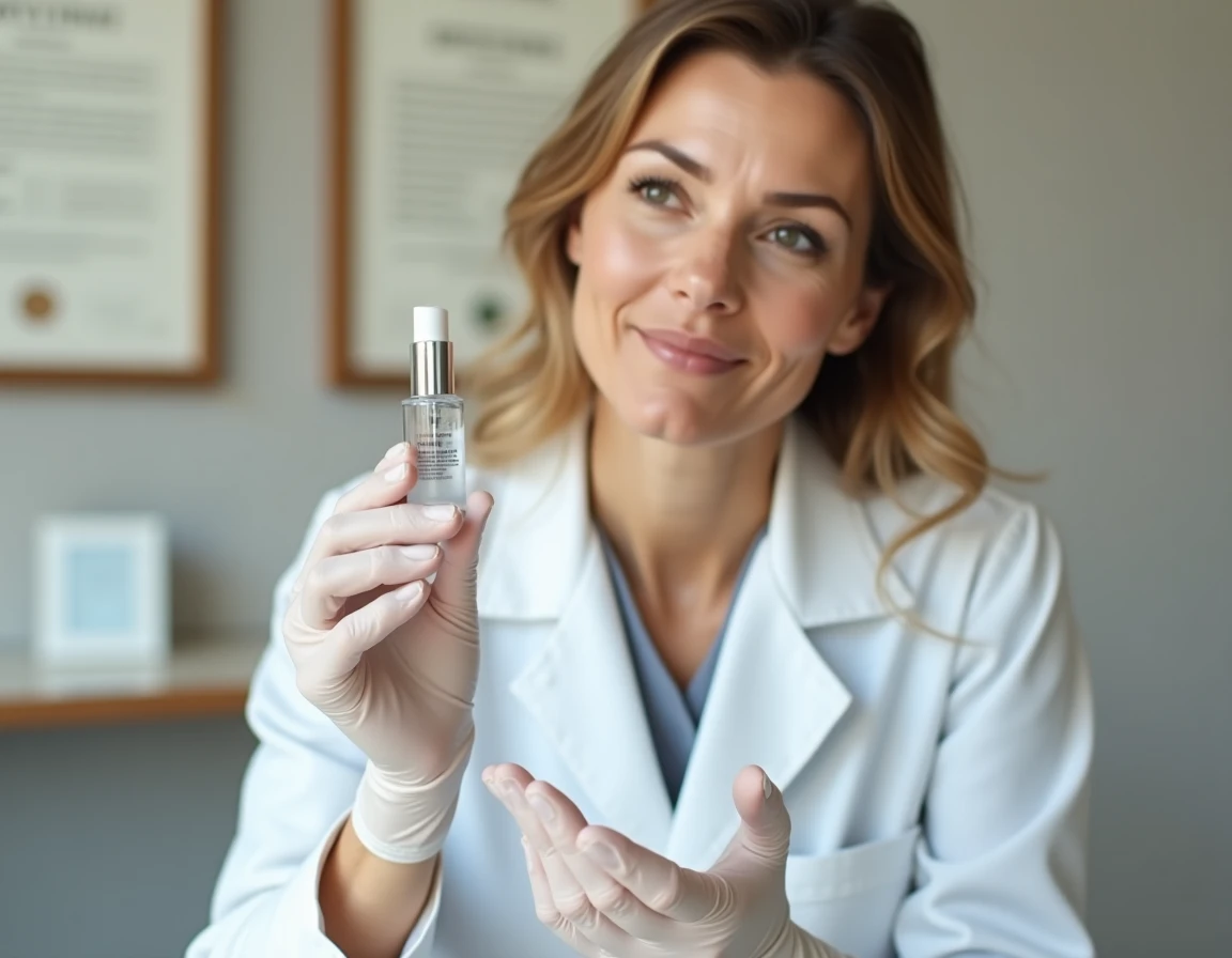 Dermatologue femme examinant un tube de gel soin Ialuset en consultation médicale