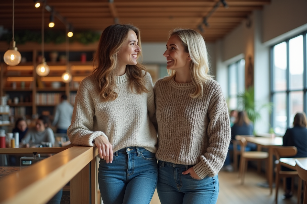 Deux femmes discutant dans un café lumineux et moderne