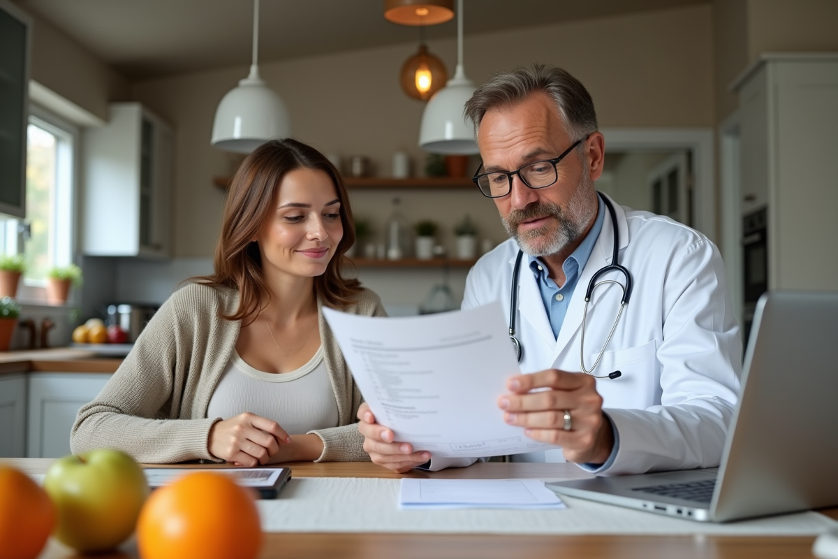 Docteur expliquant une checklist prénatale à un couple