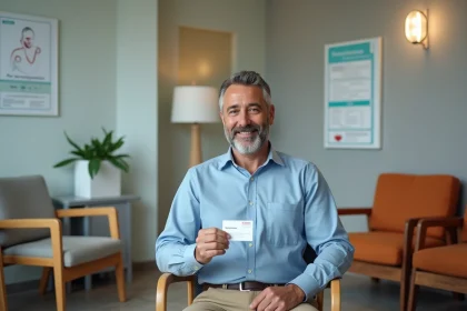 Homme d'&acirc;ge moyen souriant avec carte de don dans une clinique