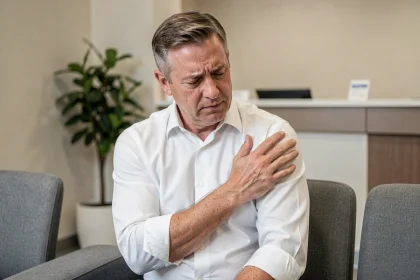 Homme d'âge mûr ressentant une douleur au bras gauche dans une salle d'attente médicale
