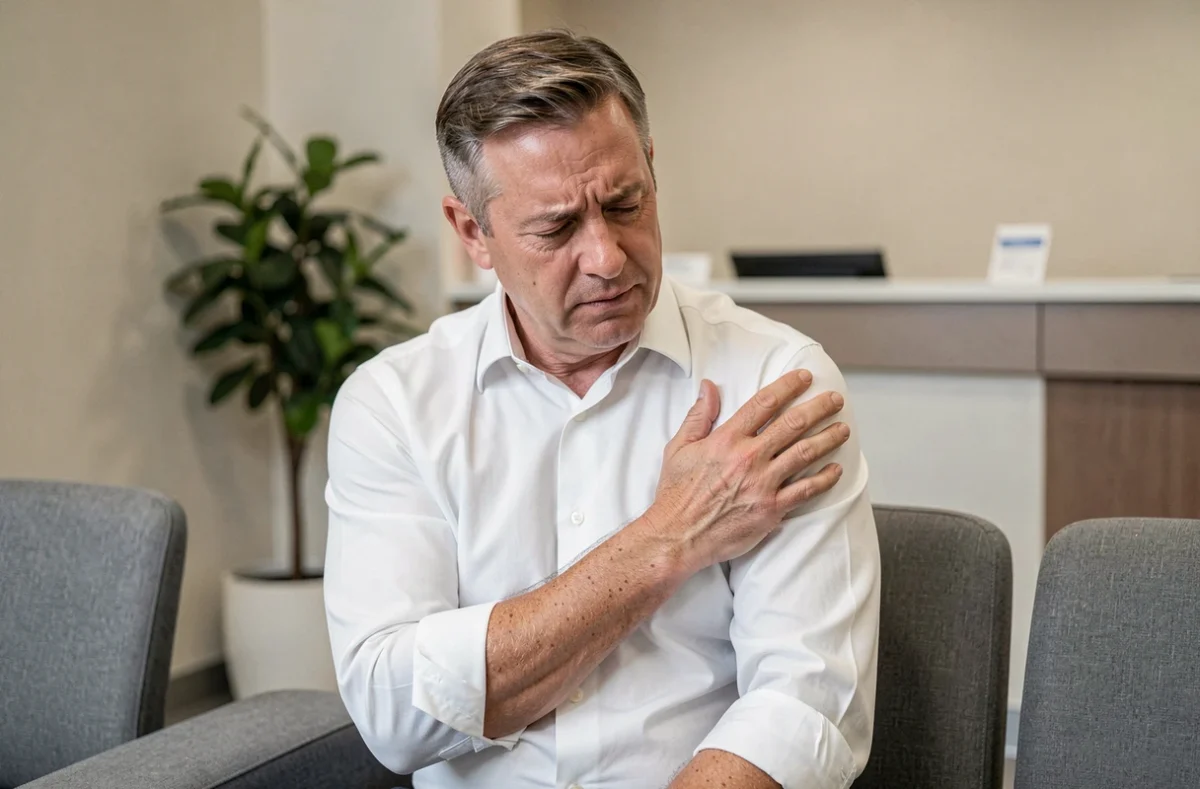 Homme d'âge mûr ressentant une douleur au bras gauche dans une salle d'attente médicale