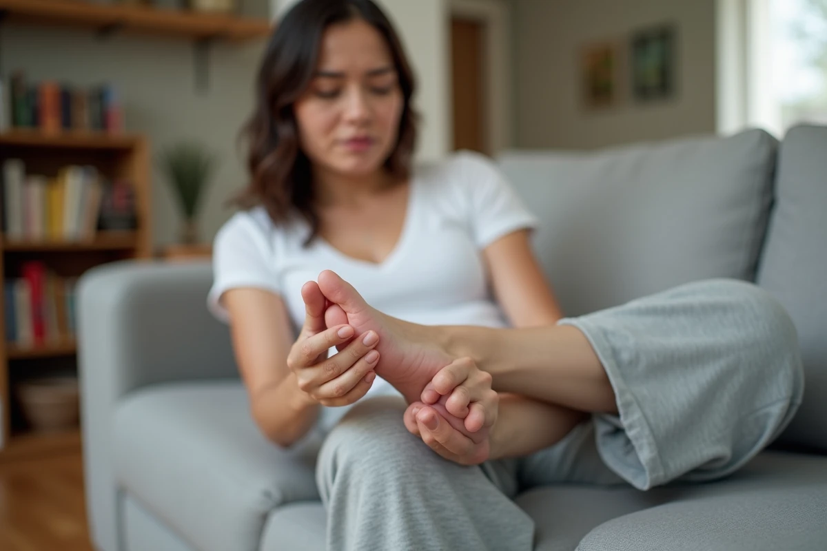 Femme tenant le côté extérieur de son pied gauche douloureux assise sur un canapé à la maison