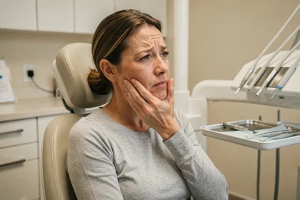Femme souffrant d'une douleur dentaire assise dans un fauteuil de cabinet dentaire, main posée sur la joue
