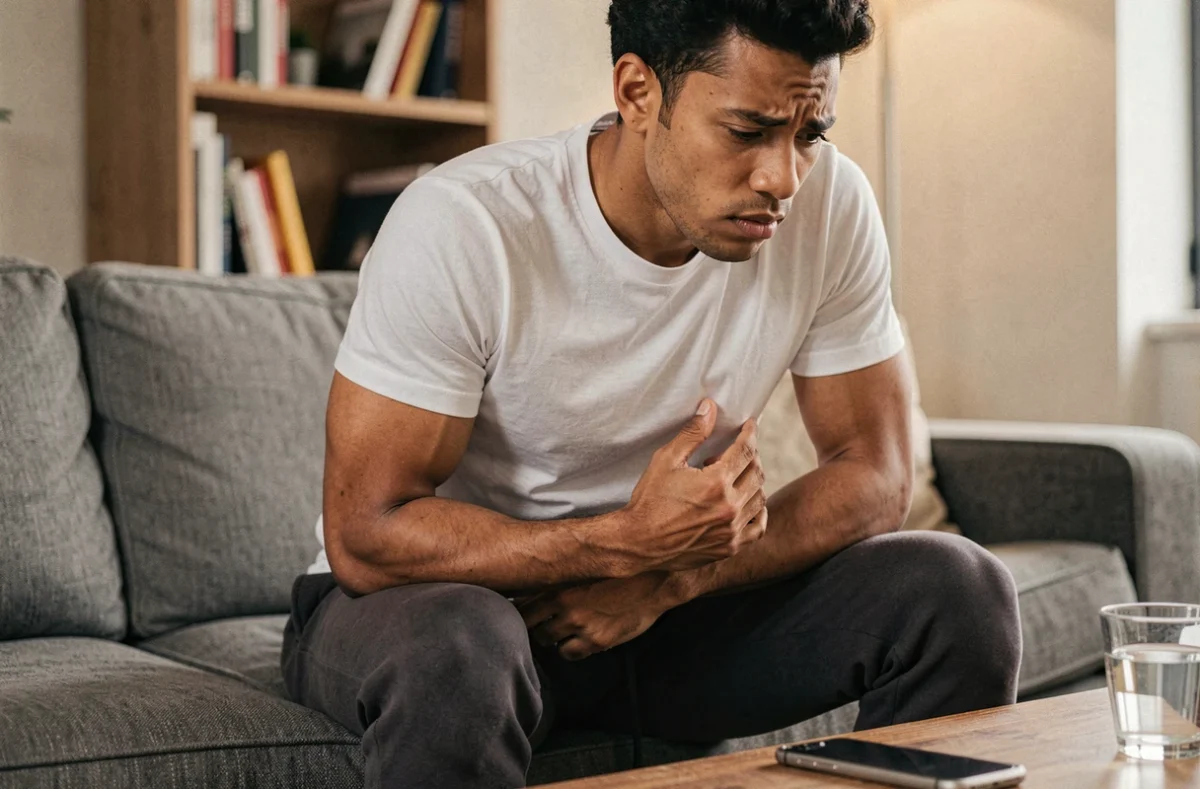 Personne à domicile ressentant une douleur au niveau d'un ganglion lymphatique dans l'aine