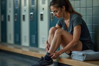 Femme assise tenant son pied douloureux dans un vestiaire sportif, illustrant la douleur au dessus du pied