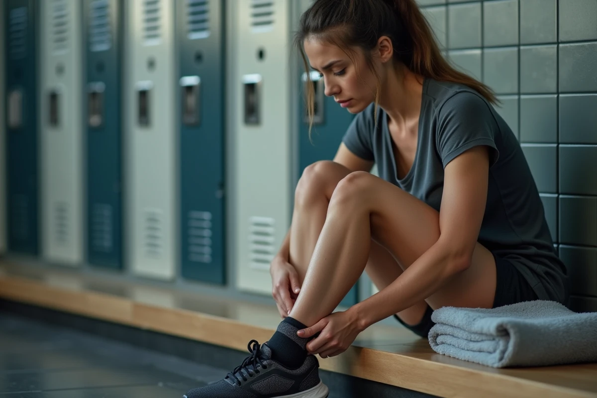Femme assise tenant son pied douloureux dans un vestiaire sportif, illustrant la douleur au dessus du pied