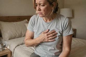 Femme tenant sa main sous les côtes droites, assise sur un lit, exprimant une douleur abdominale sous-costale