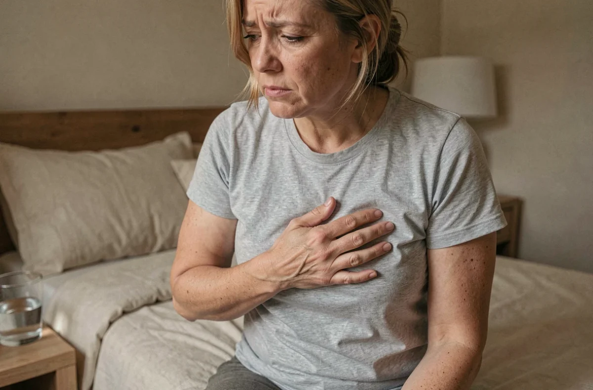 Femme tenant sa main sous les côtes droites, assise sur un lit, exprimant une douleur abdominale sous-costale