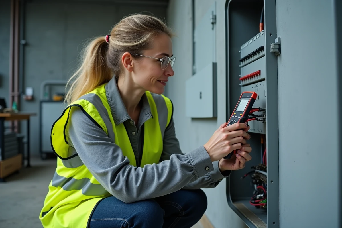 Électricienne professionnelle mesurant une tension électrique avec un multimètre numérique sur un tableau électrique industriel