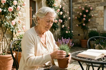 Femme âgée de 90 ans dans un jardin provençal en France, illustrant l'espérance de vie des seniors français