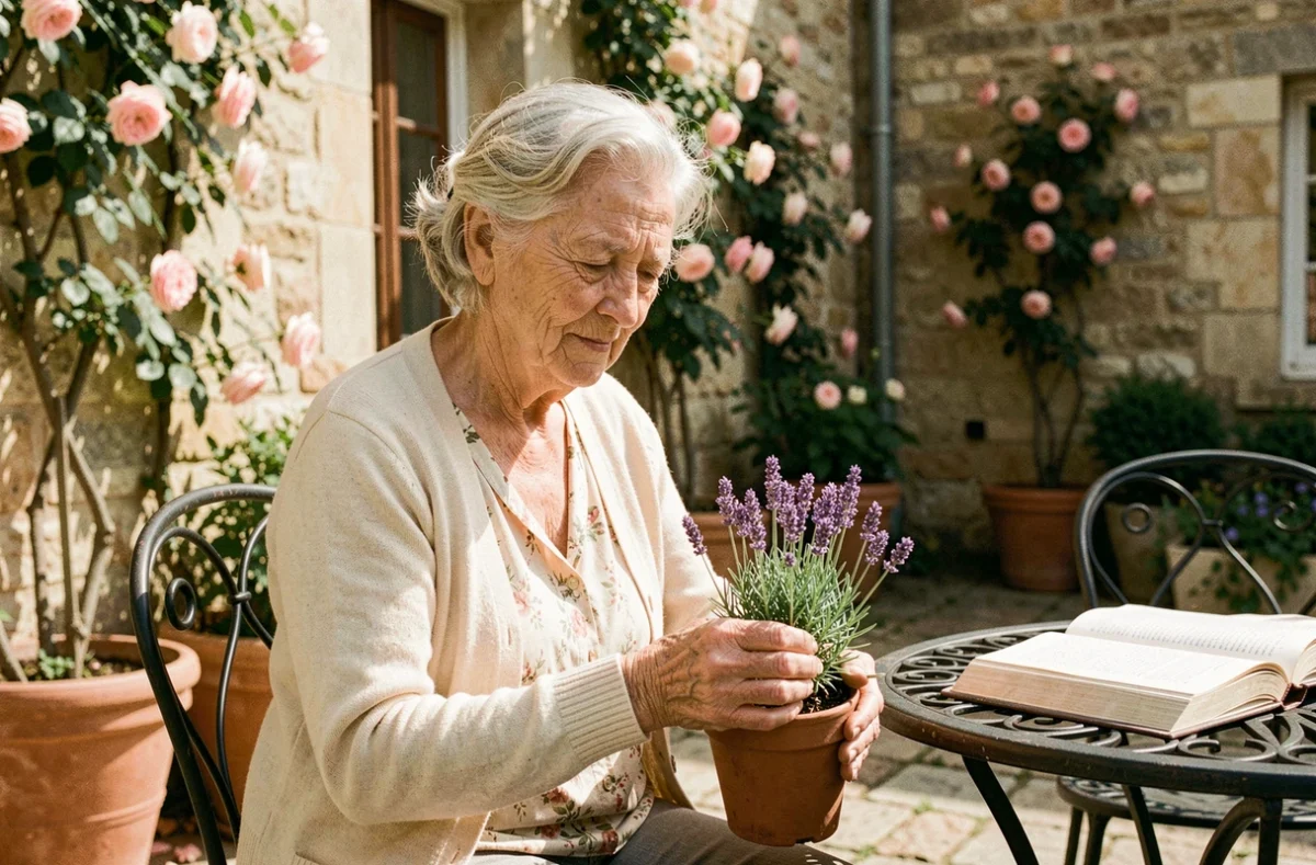 Femme âgée de 90 ans dans un jardin provençal en France, illustrant l'espérance de vie des seniors français