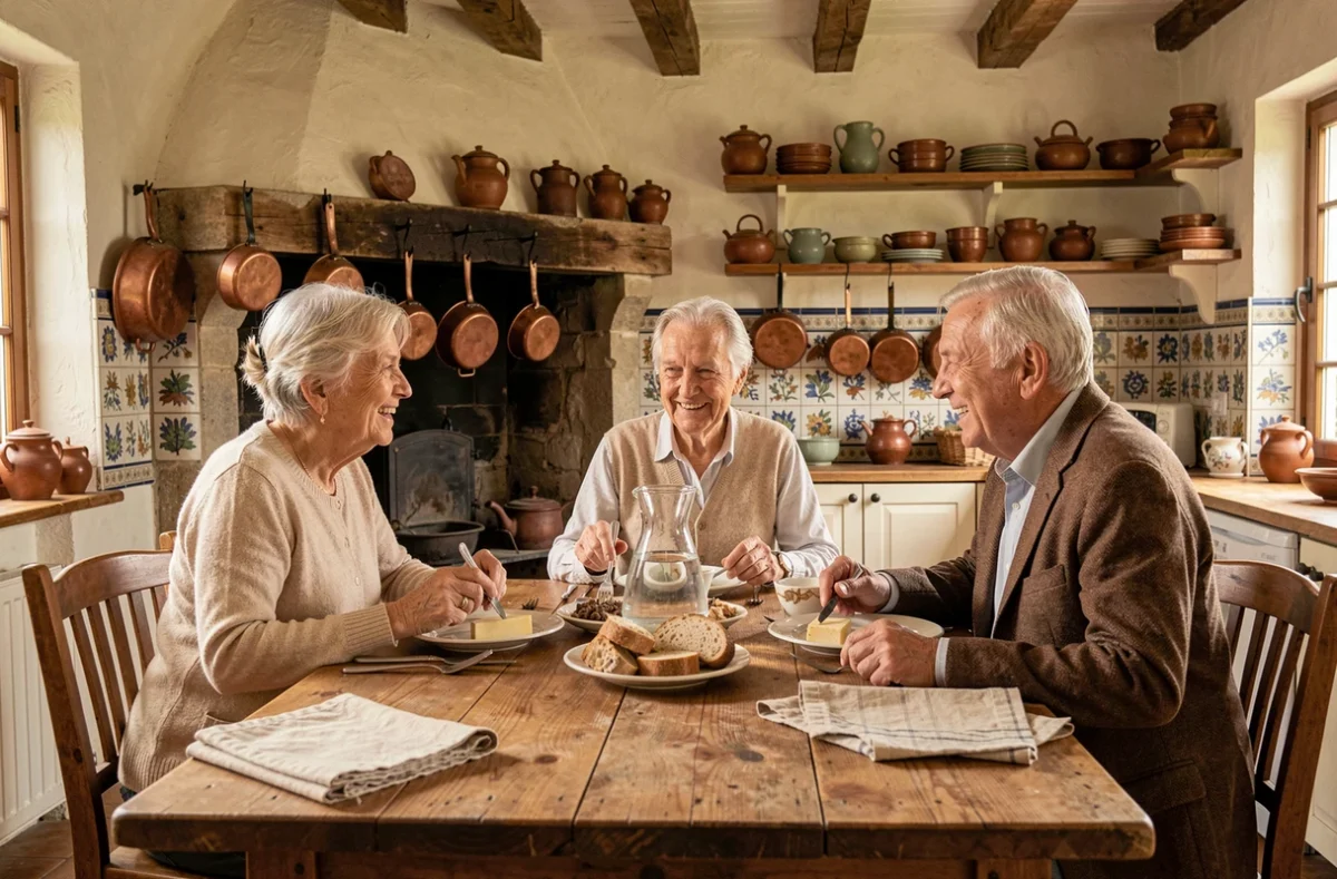 Groupe de personnes âgées de 90 ans partageant un repas dans une cuisine française traditionnelle, illustration de la longévité en France