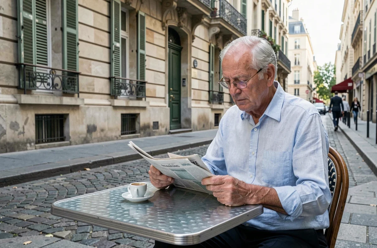 Homme senior de plus de 90 ans lisant son journal à la terrasse d'un café parisien, thème espérance de vie en France