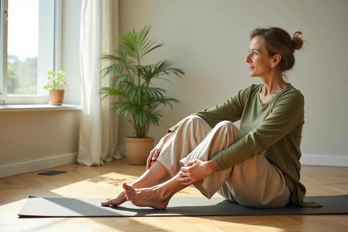 Femme effectuant un étirement doux du pied gauche sur un tapis de yoga pour soulager la douleur latérale extérieure