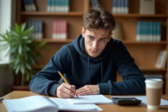 Étudiant en ingénierie calculant une tension électrique avec des formules manuscrites et une calculatrice scientifique dans une bibliothèque universitaire