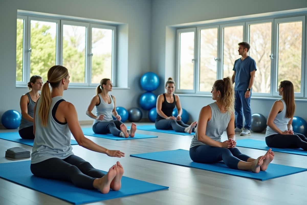 Groupe de personnes faisant des étirements en gym de rééducation