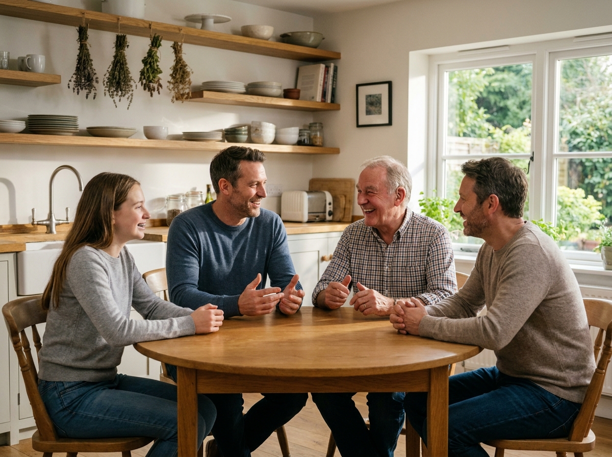 Famille réunie autour d'une table de cuisine, grand-père appareillé participant à la conversation grâce à ses aides auditives