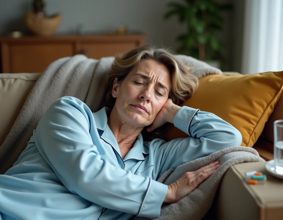Femme allongée sur un canapé souffrant de fatigue intense liée à un surdosage de Levothyrox, médicament pour la thyroïde