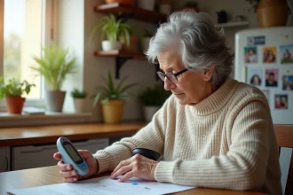 Femme agee compare son tensiomètre avec un graphique