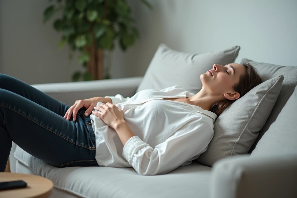 Femme allongée sur un canapé avec un coussin contre les côtes pour soulager une douleur intercostale