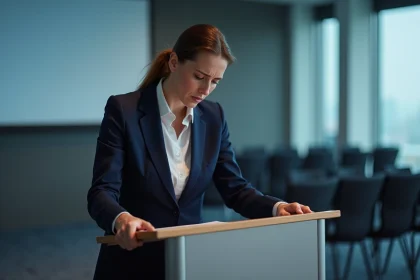 Femme anxieuse à un podium lors d'une présentation, illustrant le chakra gorge bloqué et la peur de parler en public