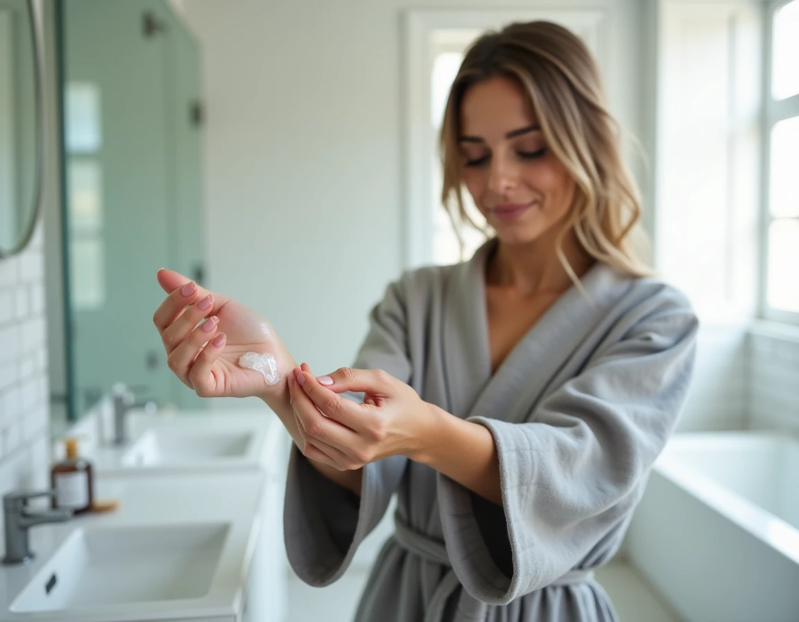 Femme appliquant un gel à l'acide hyaluronique sur son avant-bras dans une salle de bain moderne