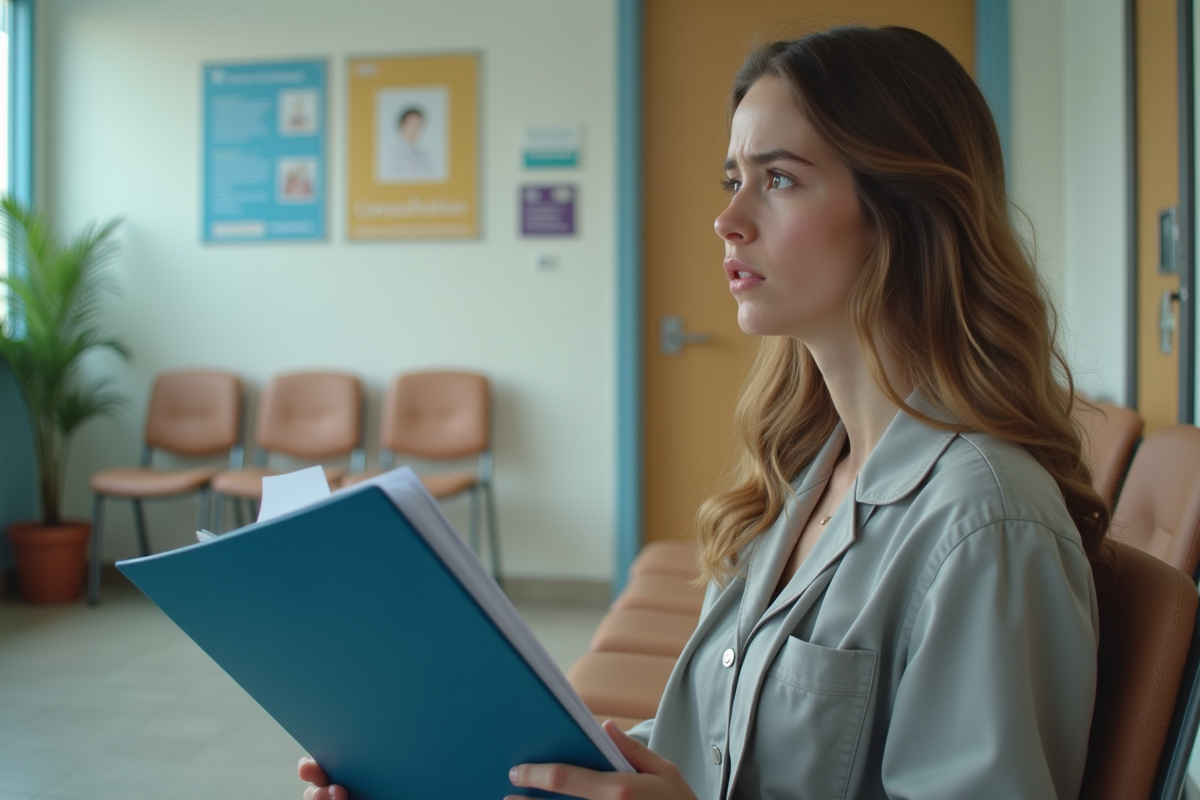 Jeune femme inquiète dans la salle d attente d une clinique