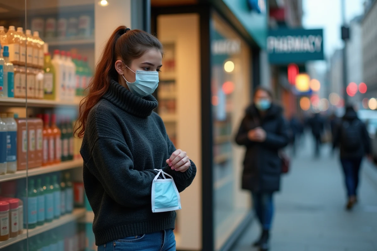 Jeune femme attente devant une pharmacie avec un masque