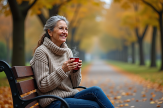 Femme assise dans un parc automnal avec une tasse de thé