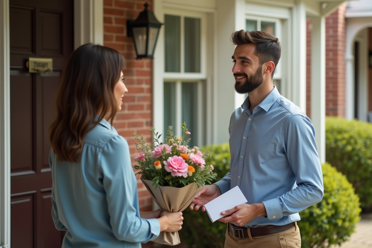 Jeune homme offrant des fleurs à sa thérapeute devant la clinique