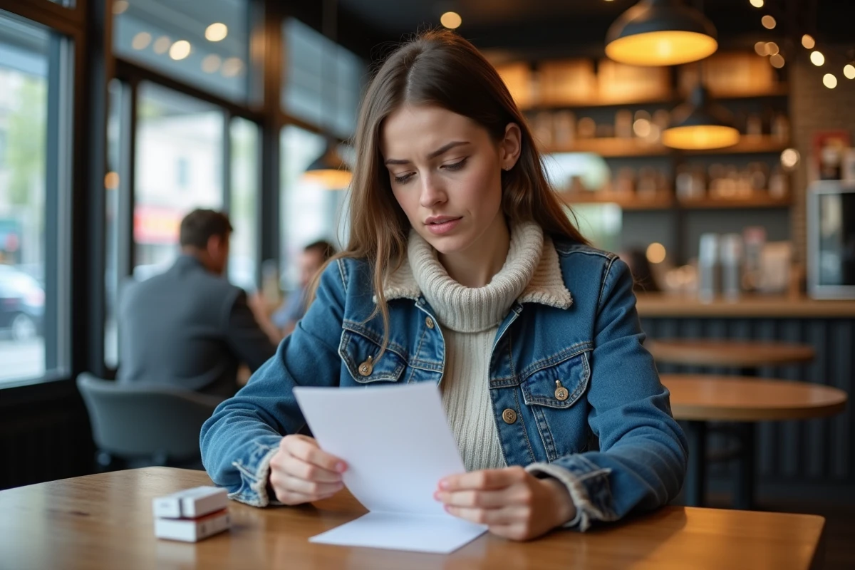 Jeune femme belge &eacute;tudie un re&ccedil;u au caf&eacute;