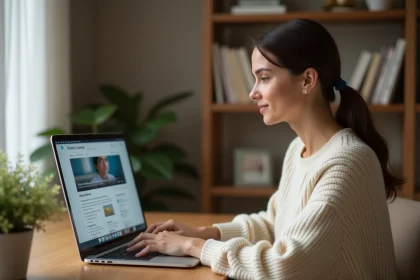 Femme consultant le blog santé Medicys sur son ordinateur portable depuis son bureau à domicile