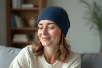 Femme portant un bonnet anti-migraine froid sur le front et les tempes, assise sur un canapé beige, les yeux fermés en signe de soulagement