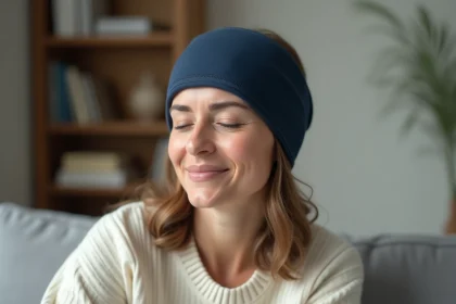 Femme portant un bonnet anti-migraine froid sur le front et les tempes, assise sur un canapé beige, les yeux fermés en signe de soulagement