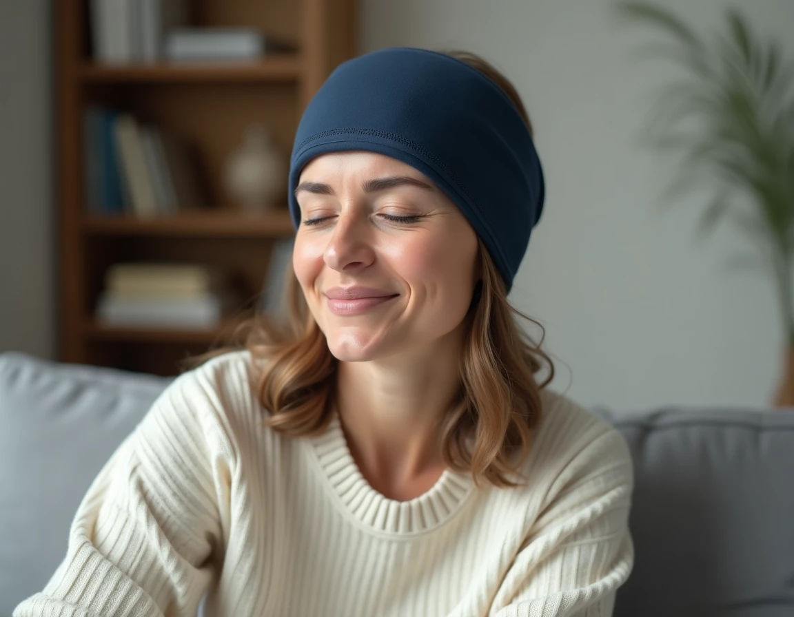 Femme portant un bonnet anti-migraine froid sur le front et les tempes, assise sur un canapé beige, les yeux fermés en signe de soulagement