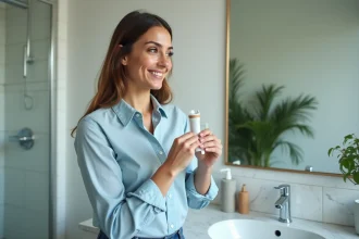 Femme en salle de bain se brossant les dents avec sourire naturel
