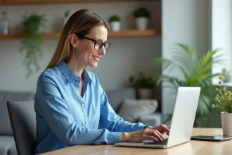 Femme en bureau à domicile utilisant un portail santé sécurisé