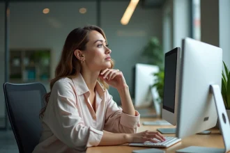 Femme au bureau en train de s'étirer le cou lors de son travail